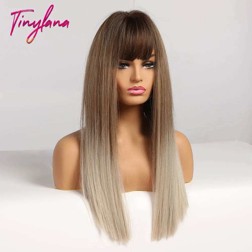 Крошечная Лана хайлайтер длинный прямой синтетический парик смешанные