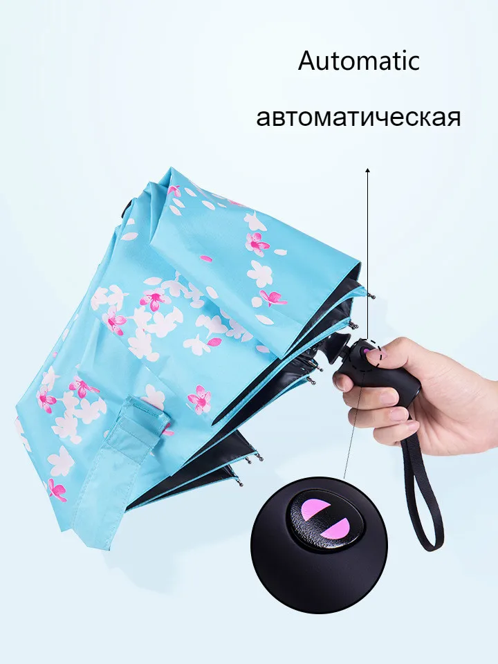 Изменение цвета дождя и солнца зонтик для женщин Автоматический ветрозащитный узор цветущей сакуры черное покрытие Зонты женский - Цвет: Automatic-Blue