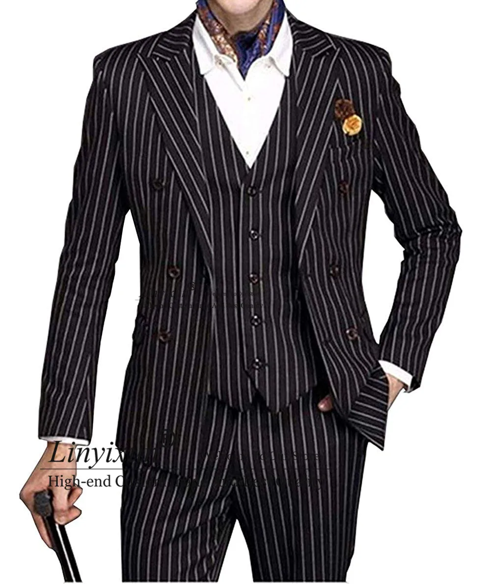 

2020 New Slim Fit Mens Suit Set 3 Piece Double-breasted Wedding Groomman Pinstripe Notched Lapel Tuxedos Blazer+Veat+Pants