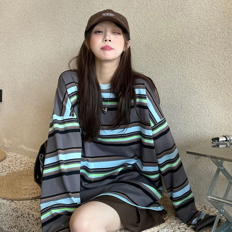 

Loose Retro Striped Tshirt Female Korean Harajuku Women's T-shirts Tops Japanese Kawaii Ladies Ulzzang Clothes For Women