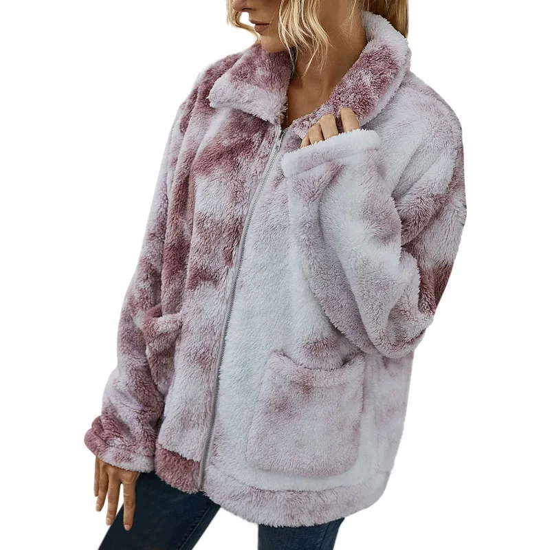 

Autumn Winter Warm Soft Zipper Jacket Female Plush Overcoat Pocket Casual Outwear Ladies Fashion Tie Dye Jacket Dark Pink XL