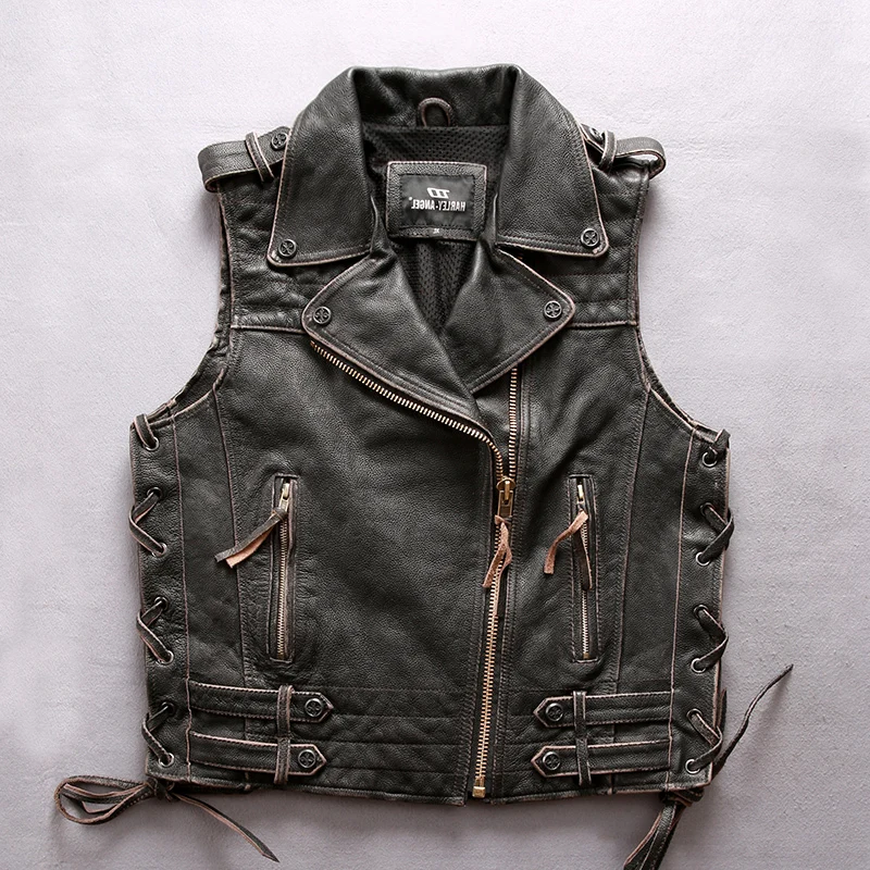 

2020 Men Factory Vintage Grey Genuine Leather Jacket Vest Fashion Oblique Zipper Thick Cowskin Slim Fit Motorcycle Jacket Vests