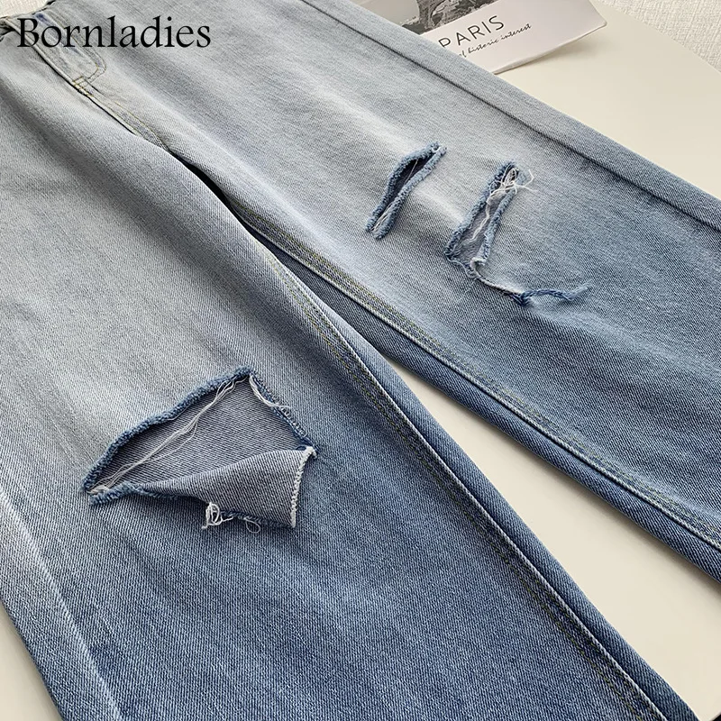 

Mozuleva Gradient Ripped Holes High Waist Straight Denim Pant for Women Streetwear Loose Jeans Female Buttons Ladies Jeans