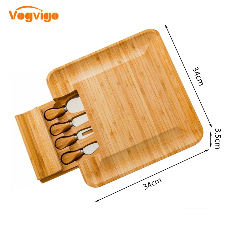 

VOGVIGO Wood Color Cheese Board Set Square Bamboo Slide-out Drawer Serving Platter for Cheese Fruit Vegetable Kitchen Storage