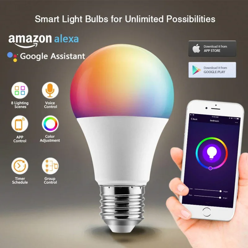 E27 WiFi умный светильник RGB светодиодная лампа 7 Вт многоцветная диммируемая