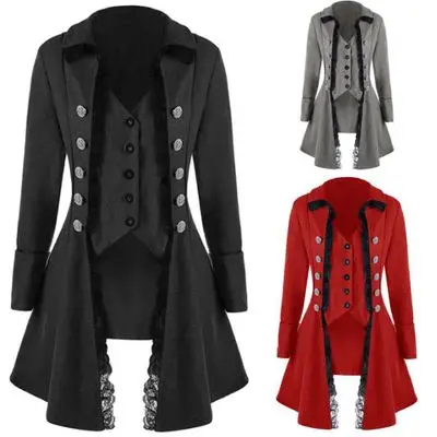

Vintage Women Gothic Lapel Jacket Victorian steampunk Lace Trenchcoat Button Tunic Coat Retro Medieval Slim Long Sleeve Tailcoat