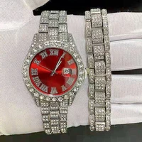 luxury watch for men iced out watch bracelet cuban chain rhinestone red dial mens watch set jewelry set clock religio masculino