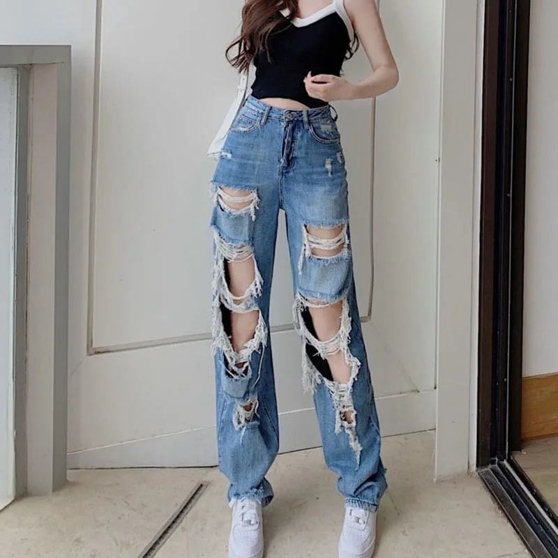 

Брюки женские Асимметричные с завышенной талией, модные Асимметричные прямые штаны с дырками и кисточками, лето