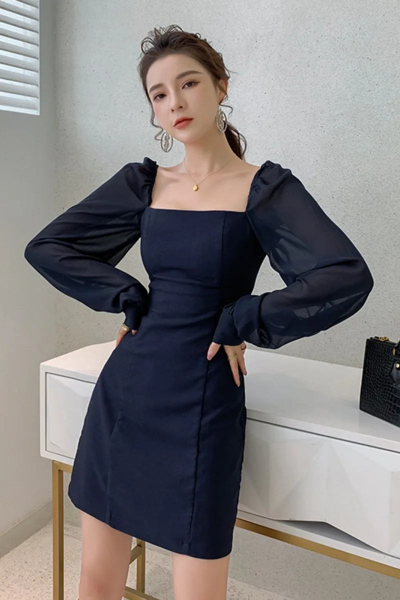 

Lantern Sleeve western style bag hip skirt autumn and winter 2021 new style square collar long sleeve slim dress