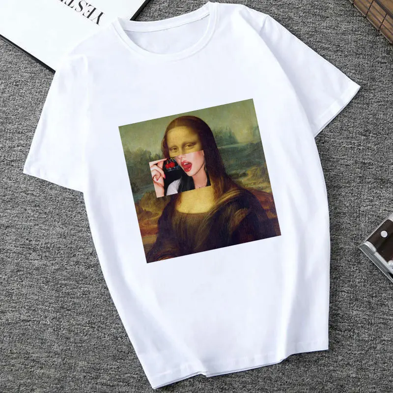 2447 Mona Lisa Spoof персональные футболки женские модные футболки Harajuku летние с коротким рукавом и круглым вырезом белые Топы Рубашки Camiseta Femina - Цвет: 2447