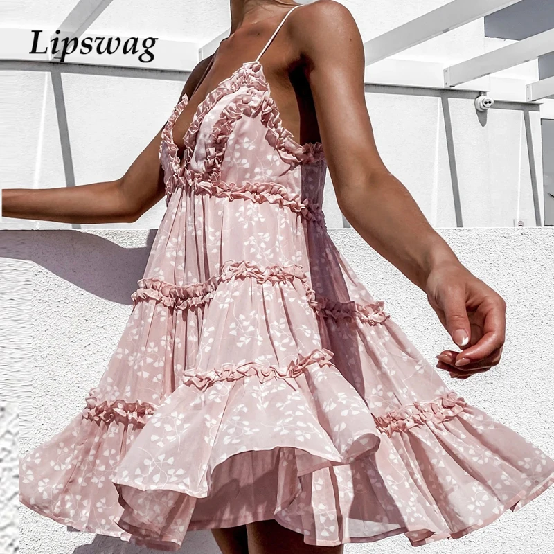 

Summer Sexy Sleeveless Backless Strap Mini Dress Women Elegant Floral Printed Beach Dresses Ladies V-Neck Ruffle A-Line Vestidos