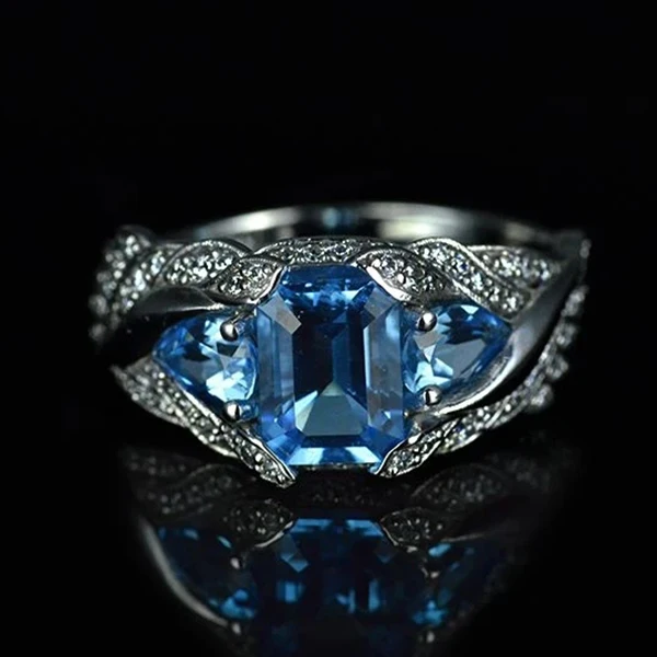 

Exquisite Plated Water Blue Stone Finger Ring Micro Paved Rhinestone Rings For Women Wedding Party Jewelry Gift D5M878