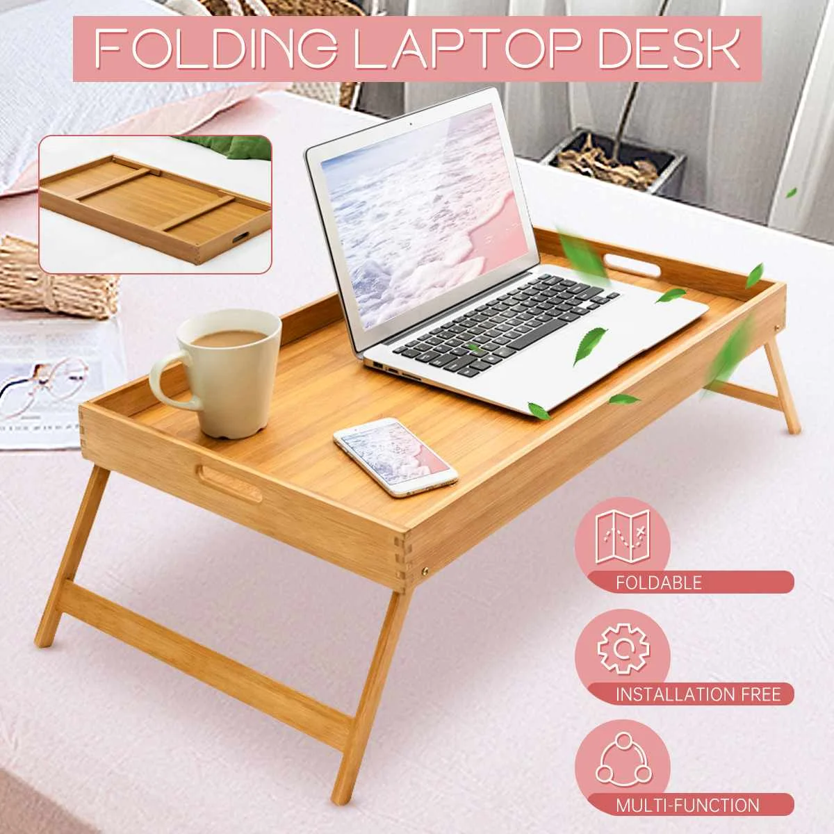 

Adjustable Portable Bamboo Wood Bed Tray Breakfast Laptop Desk Tea Food Serving Table Folding Leg Laptop Desk Writing Tray