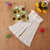 girls sling skirt trousers 2pcs suit baby girl clothes 2021 summer kids loose cool mesh pants sunflower printed t wide leg pants