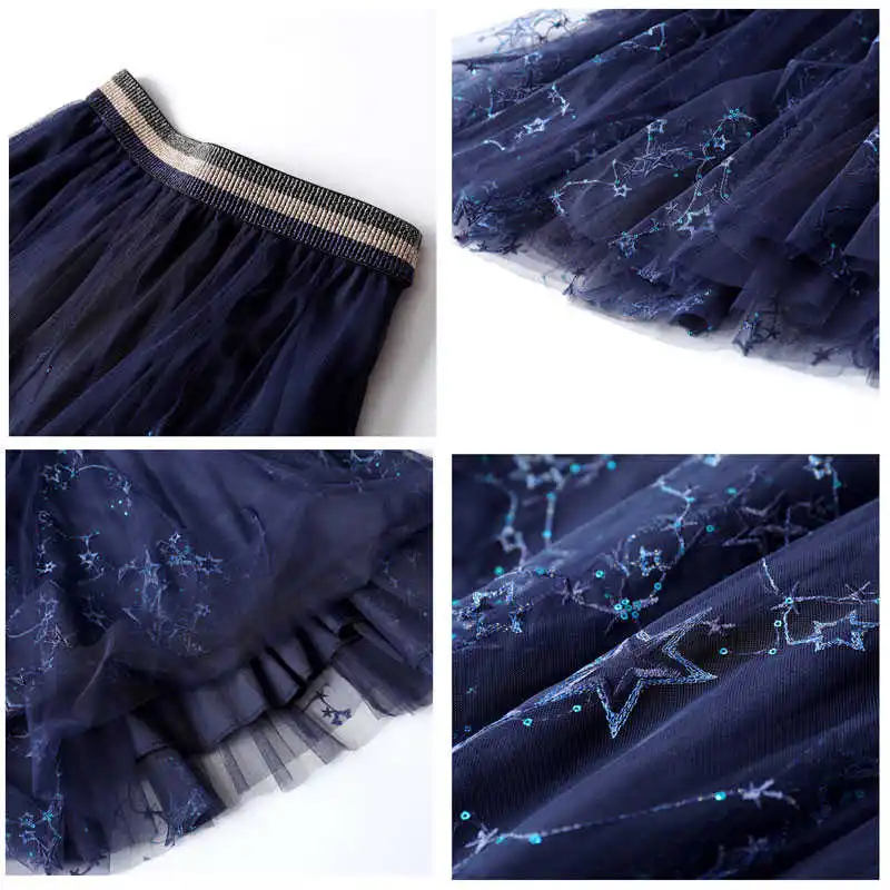 

Summer Starry Embroidery Tulle Ankle Long Skirts Metallic Stars Embroidered Sequins Patchwork A-line Maxi Long Swing Skirts