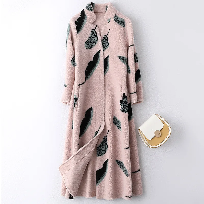 

Women Wool Fur Autumn Winter Composite Fur One Piece Coat Print Long Thick Warm Half Sleeves Mandarin Collar Casual Pink Jackets