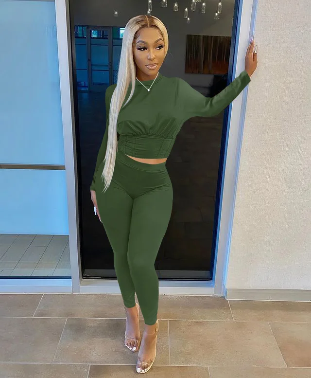 

Casual Two Piece Set Women Long Sleeve Crop Top Pants Solid Loungewear Tracksuit Fall Winter Wholesale Clothes Dropshipping