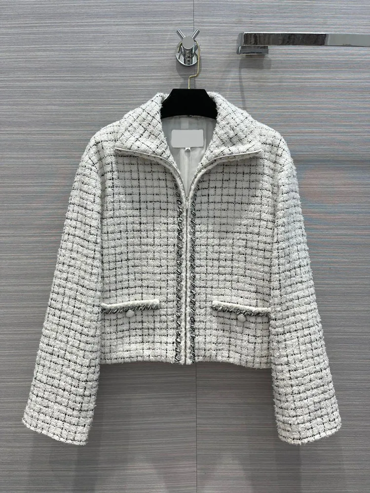 

Женское твидовое пальто в клетку, пальто с длинным рукавом и отложным воротником, с 3D вырезом, пальто на молнии, зима 2021