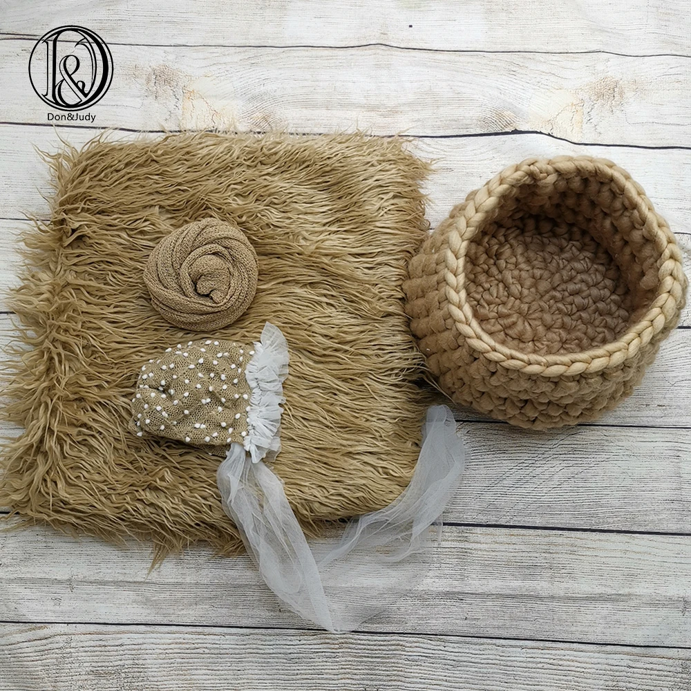 Don 4pcs/set 150x100cm Fur Blanket + Basket Nest + Hat + Wrap Photography Prop Newborn Background Backdrop Photo Shoot