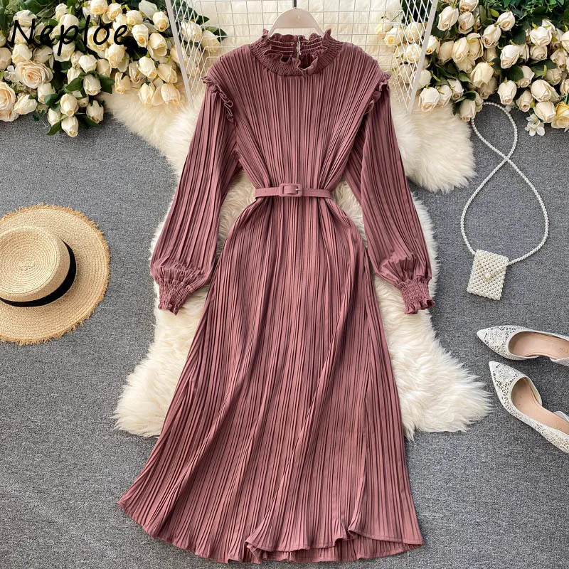 

Neploe Fungus Stand Collar Slim Fit Pleated Dresses Autumn 2021 Chic Sashes Femme Vestidos Solid Color Fashion Dress Women