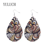 yuluch natural wood printing water drop pendant earrings girl elegant flower pattern jewelry ladies simple accessories