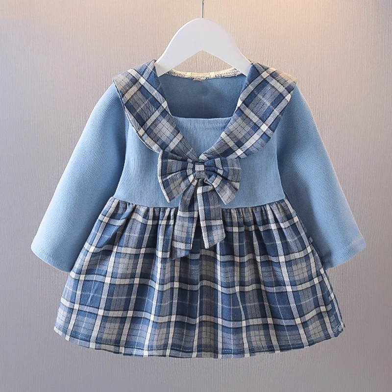 

New College Style Plaid Stitching Long-sleeve Princess Dress Spring Autumn Baby Clothes Sweet Baby Girl Dress