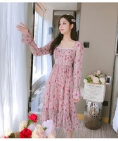 pink floral dresses women ruffles korean style chic trendy popular elegant flower print elegant princess dress autumn summer