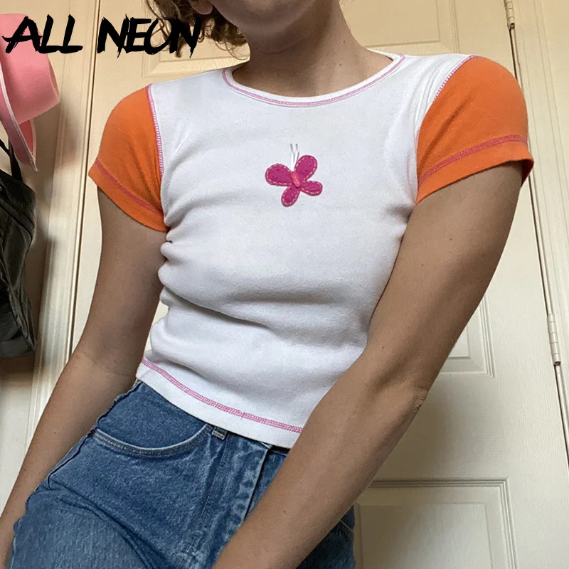 

ALLNeon 2000s Streetwear Patchwork Butterfly Baby Tees Y2K Fashion Cute O-neck Short Sleeve Crop Tops Kawaii T-shirts Summer New