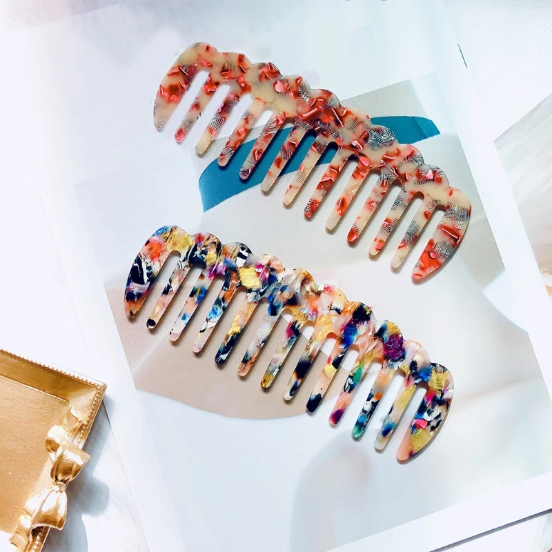 

Q1QD Acetate Wavy Trim Anti-Static Massage Hair Comb Colorful Marble Stone Print Large Tooth Hairbrush Hairdressing Tools