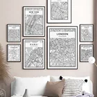 Черно-белые карта городов мира настенные картины с изображением Нью-Йорка, Парижа, плакаты, картины в скандинавском стиле для гостиной