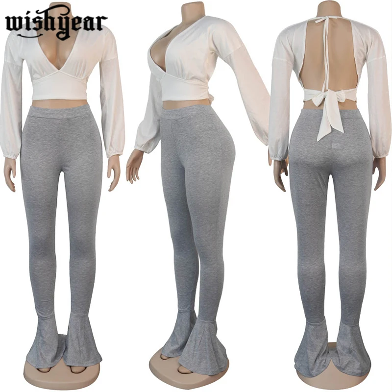 

Slim Solid Women Two Piece Set Long Sleeve V-Neck Low-cut Crop Tops Casual Bell-bottoms Flare Pants Party Club Streetwear Suit