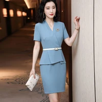 summer short sleeve elegant blue slim hips dresses spring summmer for women business work wear beauty salon vestidos with belt