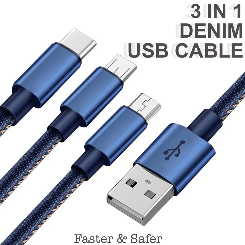 1 2 м джинсовый USB кабель 3 в Micro usb для зарядки 2.4A type C провод Xiaomi huawei samsung iPhone LG|Кабели