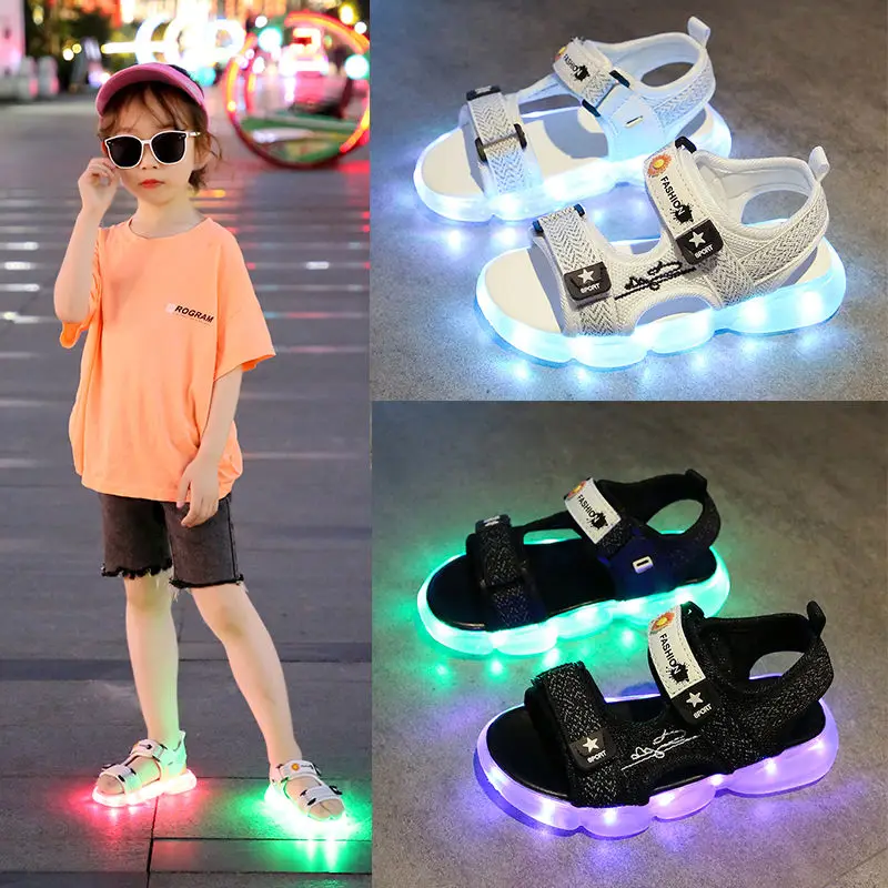 

Size 25-35 kids casual sandals for boys soft led shoes with usb lights charged luminous sandals kids girls shiny shoes