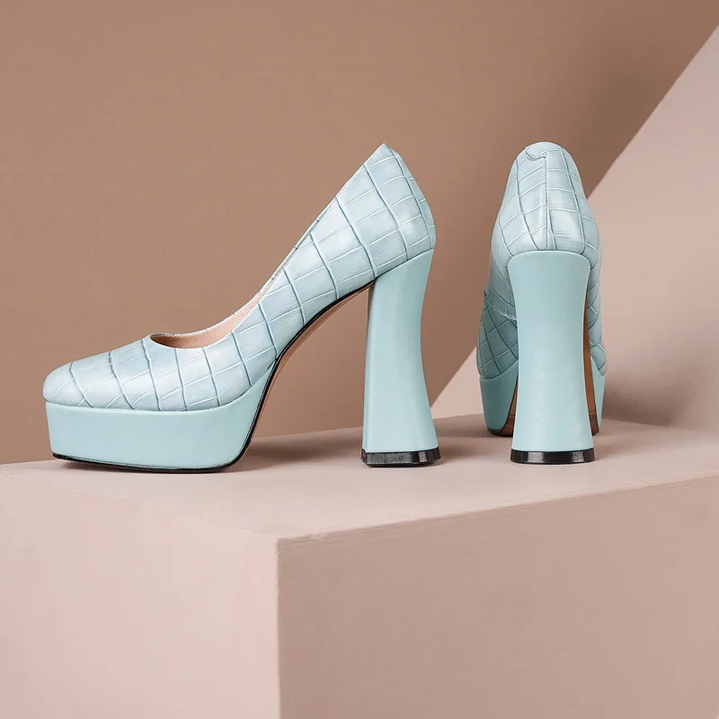 

Brand Genuine Leather Women Pumps New Spring Autumn High Heels Platform Shoes Blue Apricot Dress Party Office Ladies Shoes Pumps