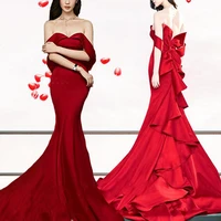 2020 modest design luxury tiered mermaid evening dresses long off shoulder backless red carpet celebrity party dress big bow