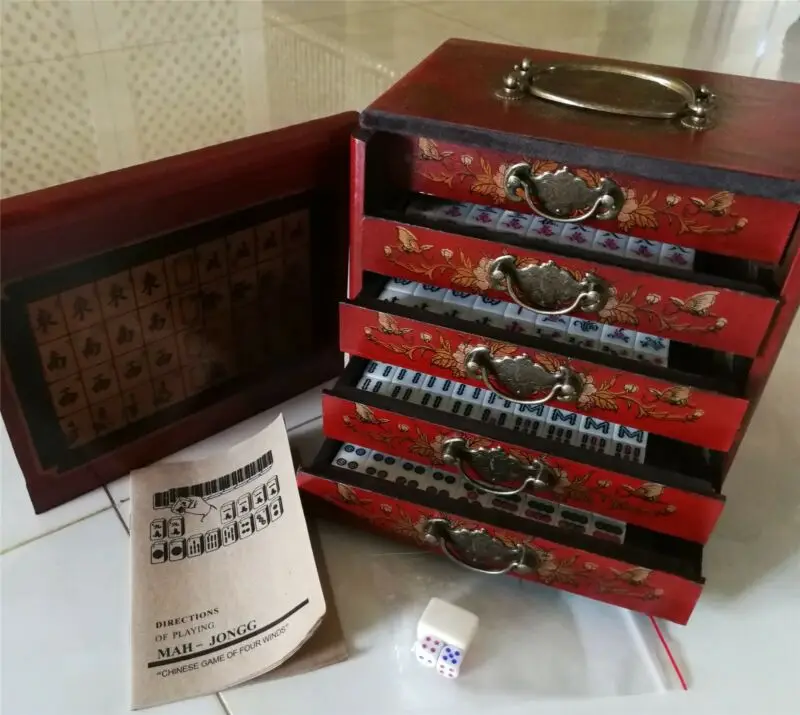 

Portable Retro Mahjong 144 Tiles Mah-Jong Set In Leather drawer Box excellent
