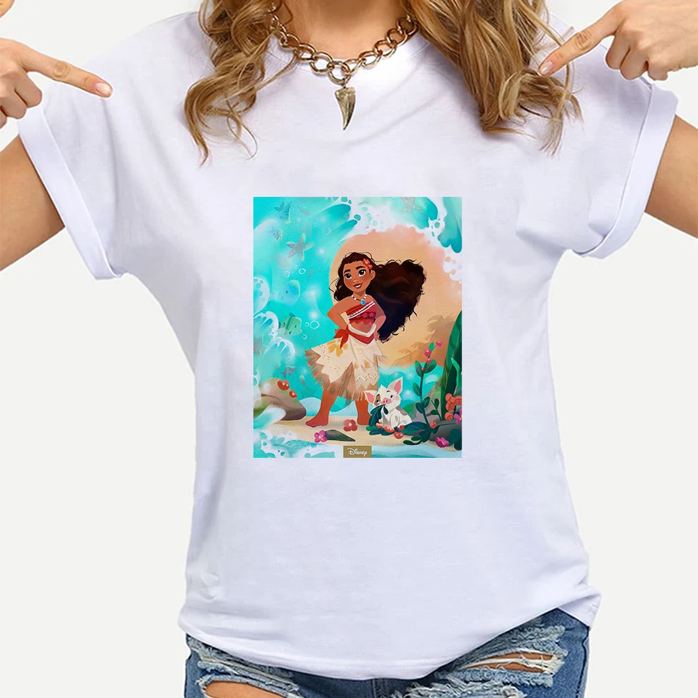 

Disney Princess White T Shirts Women Moana Curious Printed T Shirts Breathable Cartoon Style Fairy Tales Exquisite Autumn Top