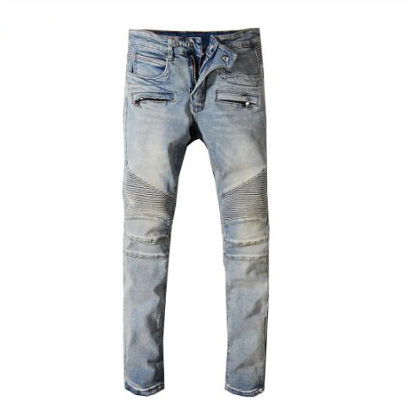 

Новые мужские модные классические винтажные синие джинсы стрейч мото-байкерские джинсы для moto размера плюс Лоскутная slim fit джинсовые брюки 1051