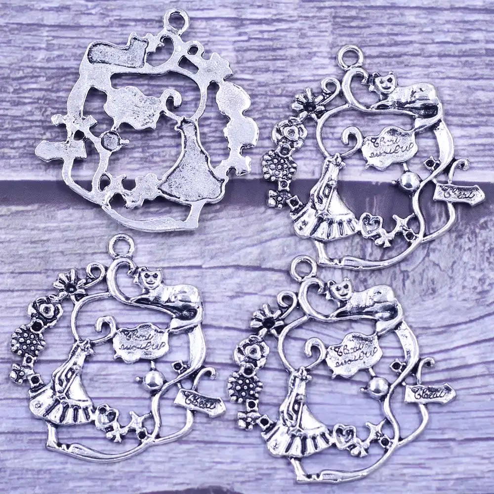 

3Pcs Pendants Flower Cat Skirt Antique Silver Tone Metal For Charm Necklaces Jewelry Craft DIY Finding Charms 41x40mm