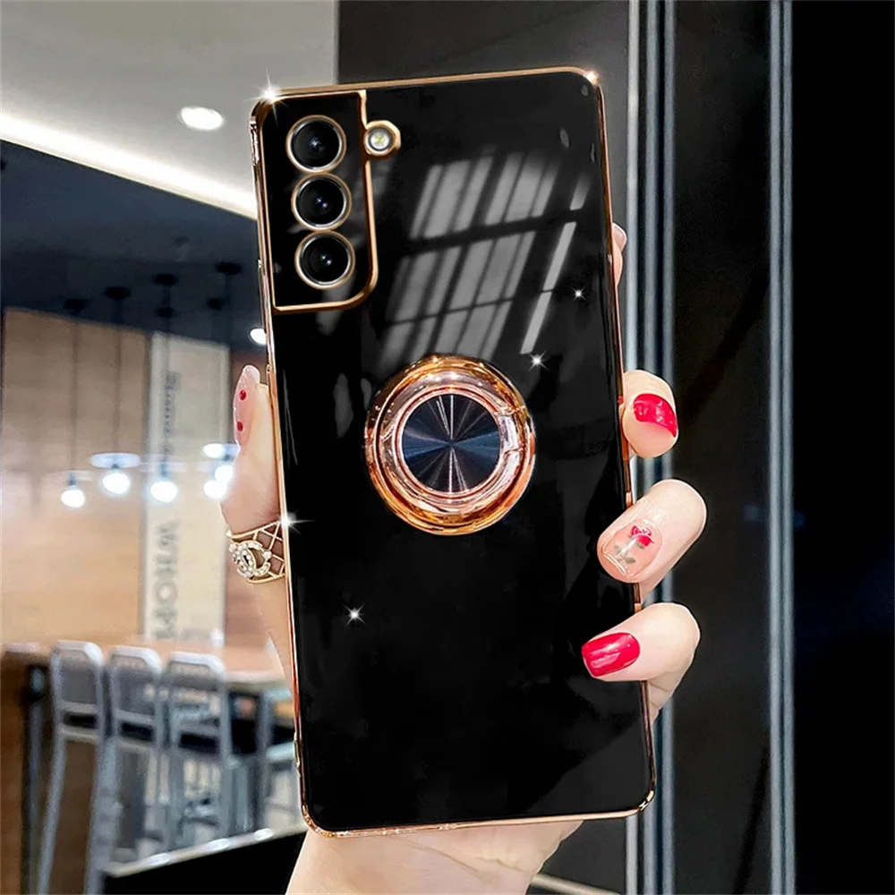 

Soft Silicone Phone Case For Samsung Galaxy S20 S21 FE Ultra Plus A52 A72 Note 20 10 9 S10 Plus Plating Cover With Ring Holder