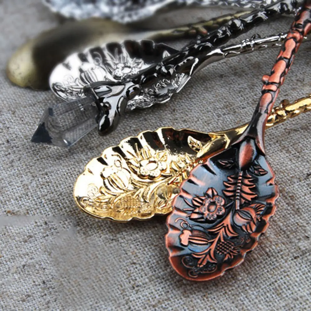 Винтаж резные с украшениями в виде кристаллов и цветов Кофе Чай ложка для