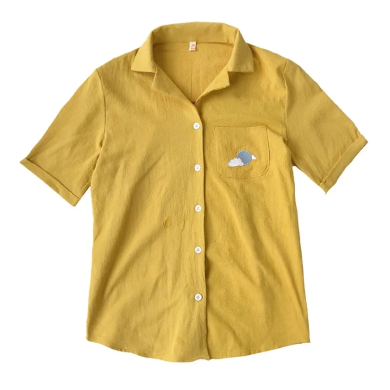 

Korean Style Embroidery Cotton Shirt Summer New Fashion Women Blouse Lapel Short Sleeve Casual Tops Ladies Shirt Blusas Feminina