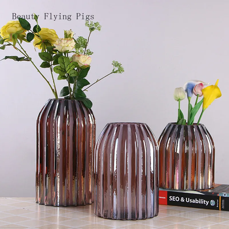 

Light Luxury Vertical Lines Glass Flower Vase Flower Arrangement Vases Home Living Room Hydroponic Plant Countertop Decorations