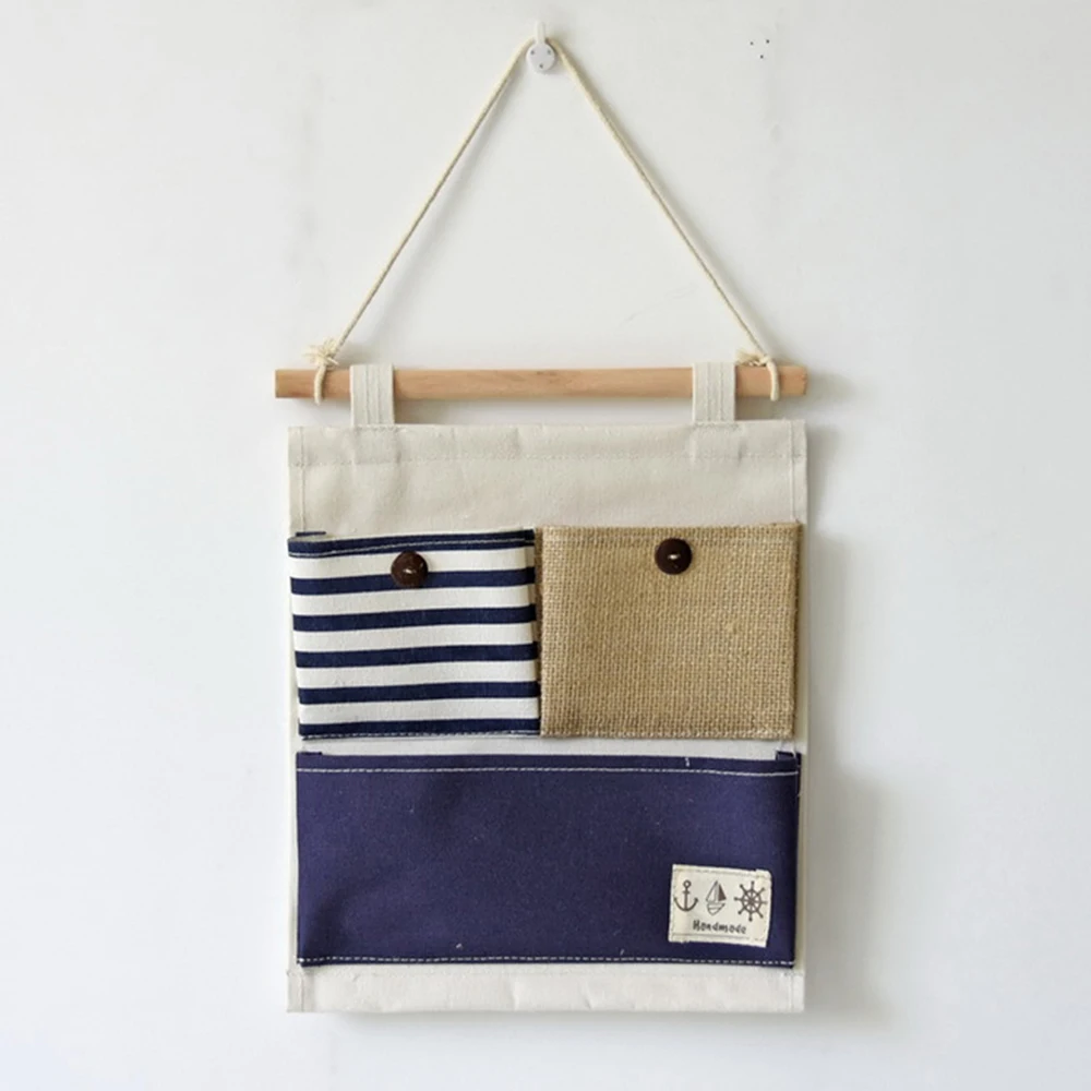Полосатые комбинированные Висячие Сумки для хранения льняные тканевые карманы