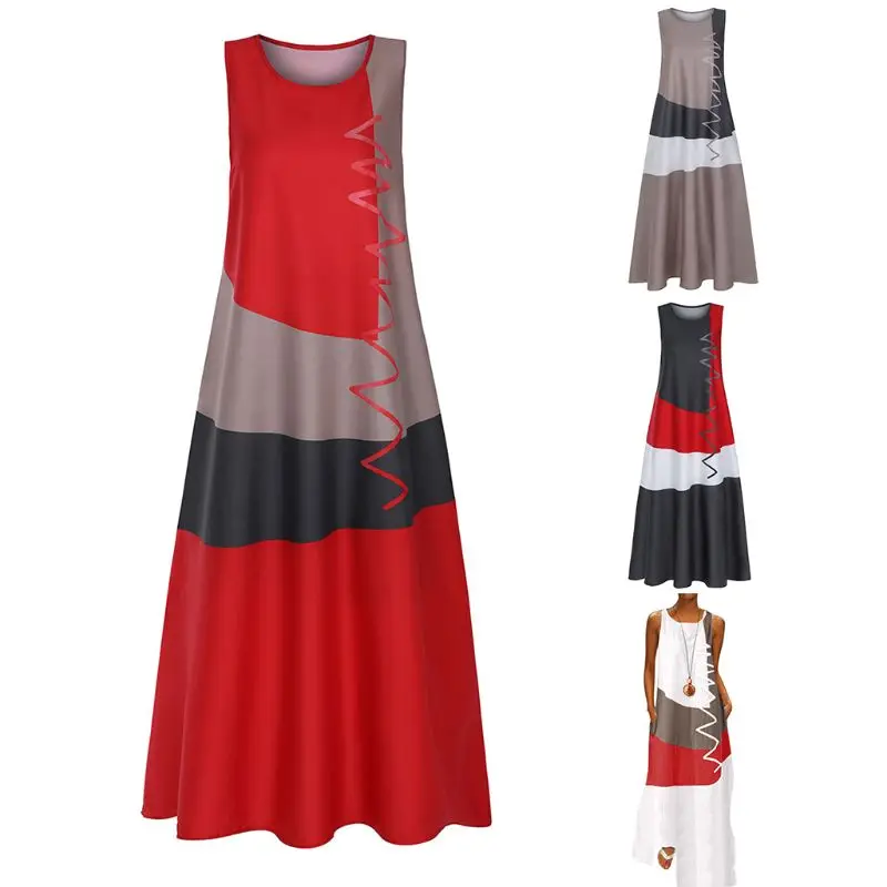 

Women Plus Size Sleeveless O-Neck Maxi Long Tank Dress Color Block Wavy Stripe Print Vintage Loose Beach Sundress S-5XL