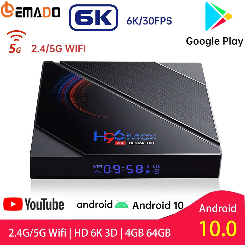 Lemado H96 Max H616 ТВ Box Android 10 Quad Core 6K H.265 4 Гб Оперативная память 64 Встроенная Wi Fi 2 4G & 5G
