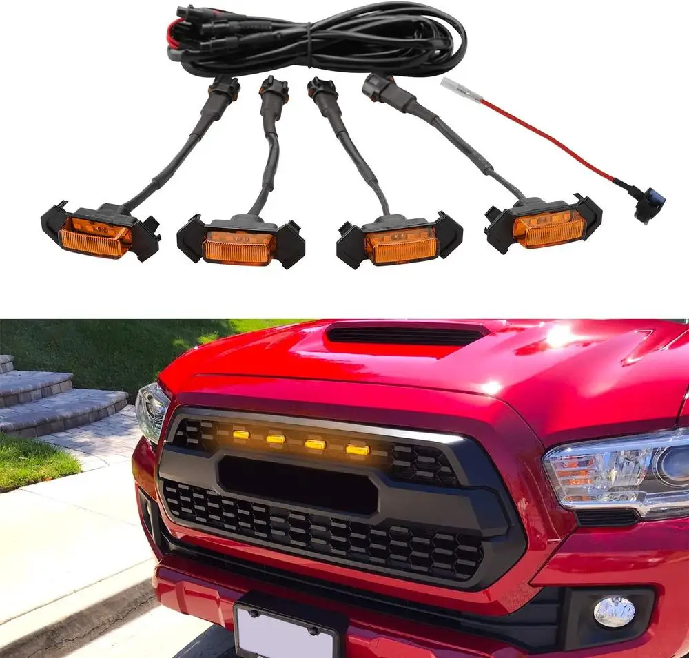 

4pcs Set Car LED Lights Amber Front Hood Grille Lighting Kit Truck SUV For Toyota Tacoma TRD Pro 2016-2020 For Jeep Wrangler JL