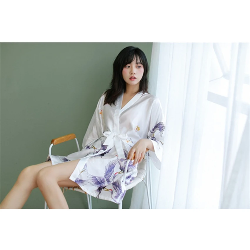 Кимоно женское шелковое атласное в японском стиле кардиган с журавлем хаори