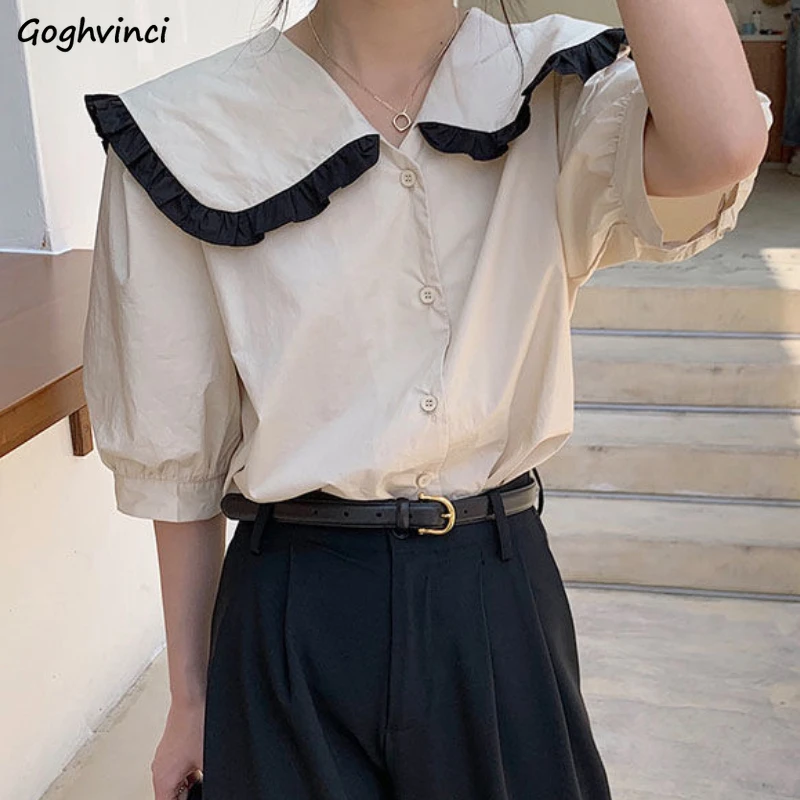 

Shirts Women Lovely Leisure Autumn Students Tender Chic Peter-pan-collar Fashion Soft Single Breasted Vintage All-match Ulzzang